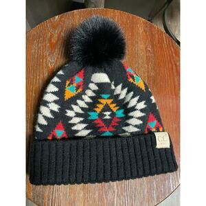 C.C kids Hat winter‎ cap black pom pom Aztec design multi color faux fur